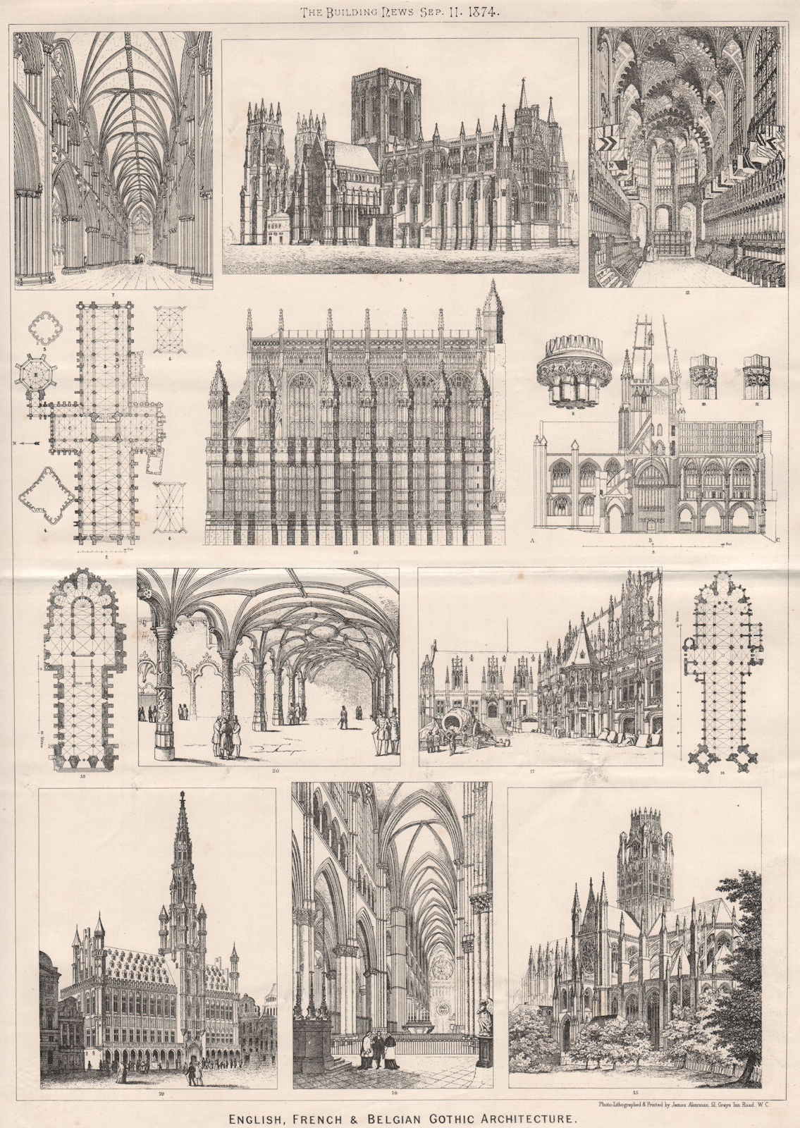 English, French & Belgian Gothic, architecture. Buildings 1874 old print